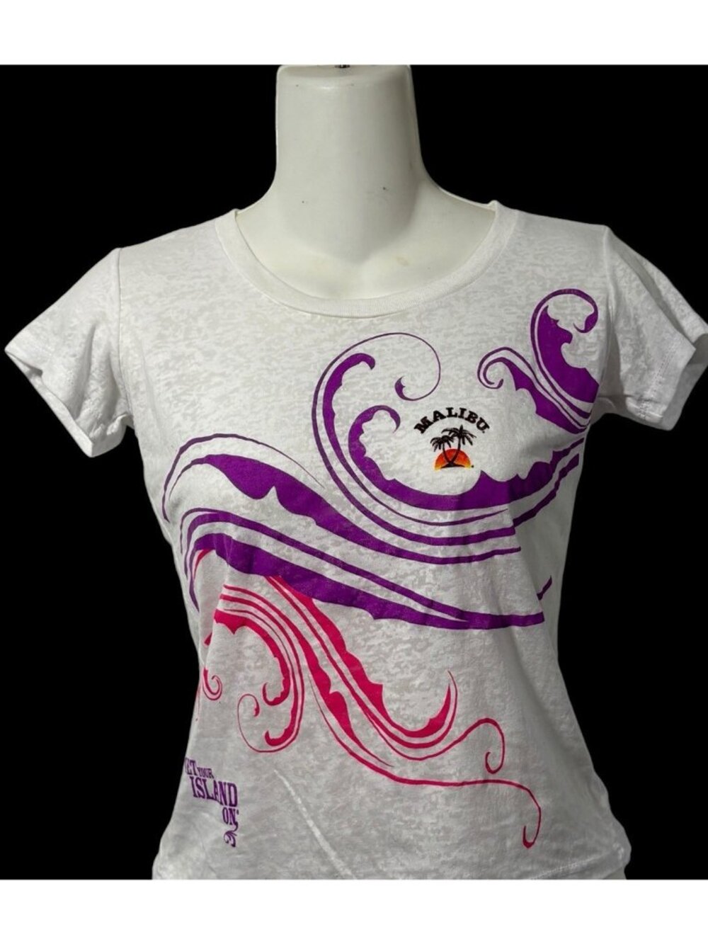 Malibu Rum Womens Vintage Burn Out Baby Tee Shirt Sz S Colorful Beachy 90s Y2K